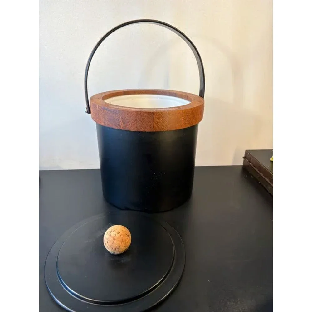 Mid Century Ice Bucket Black Body Teak Collar Swing Handle Cork Knob Barware